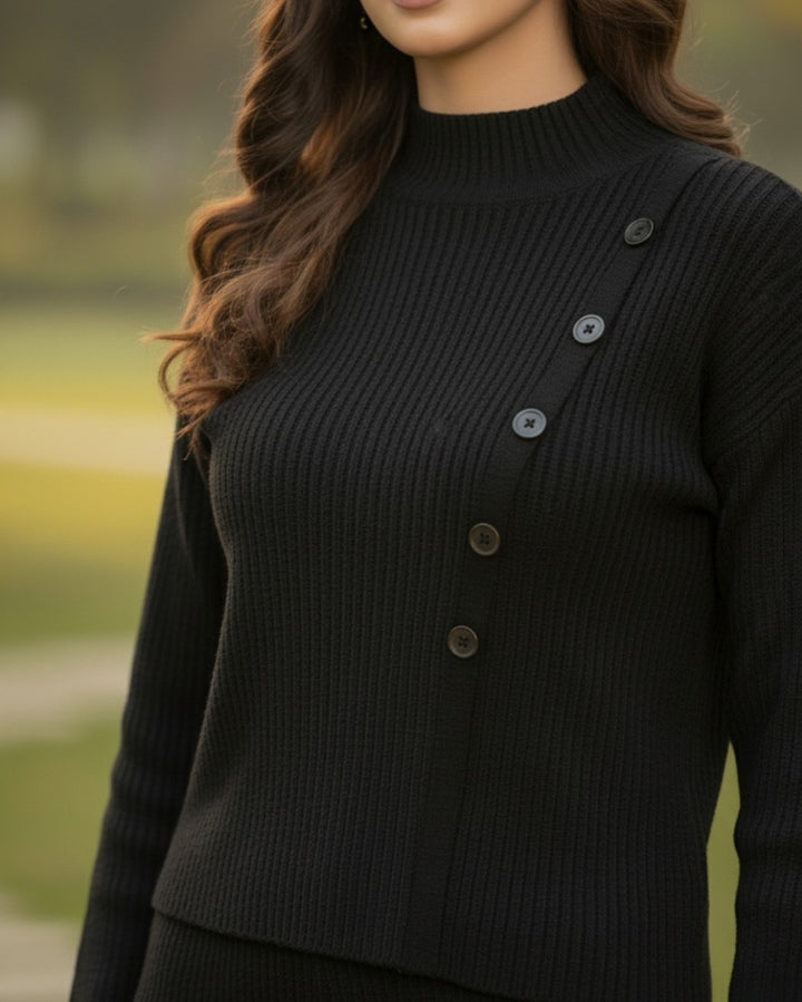 Elara - Essence Black Button Detail Cardigan Set