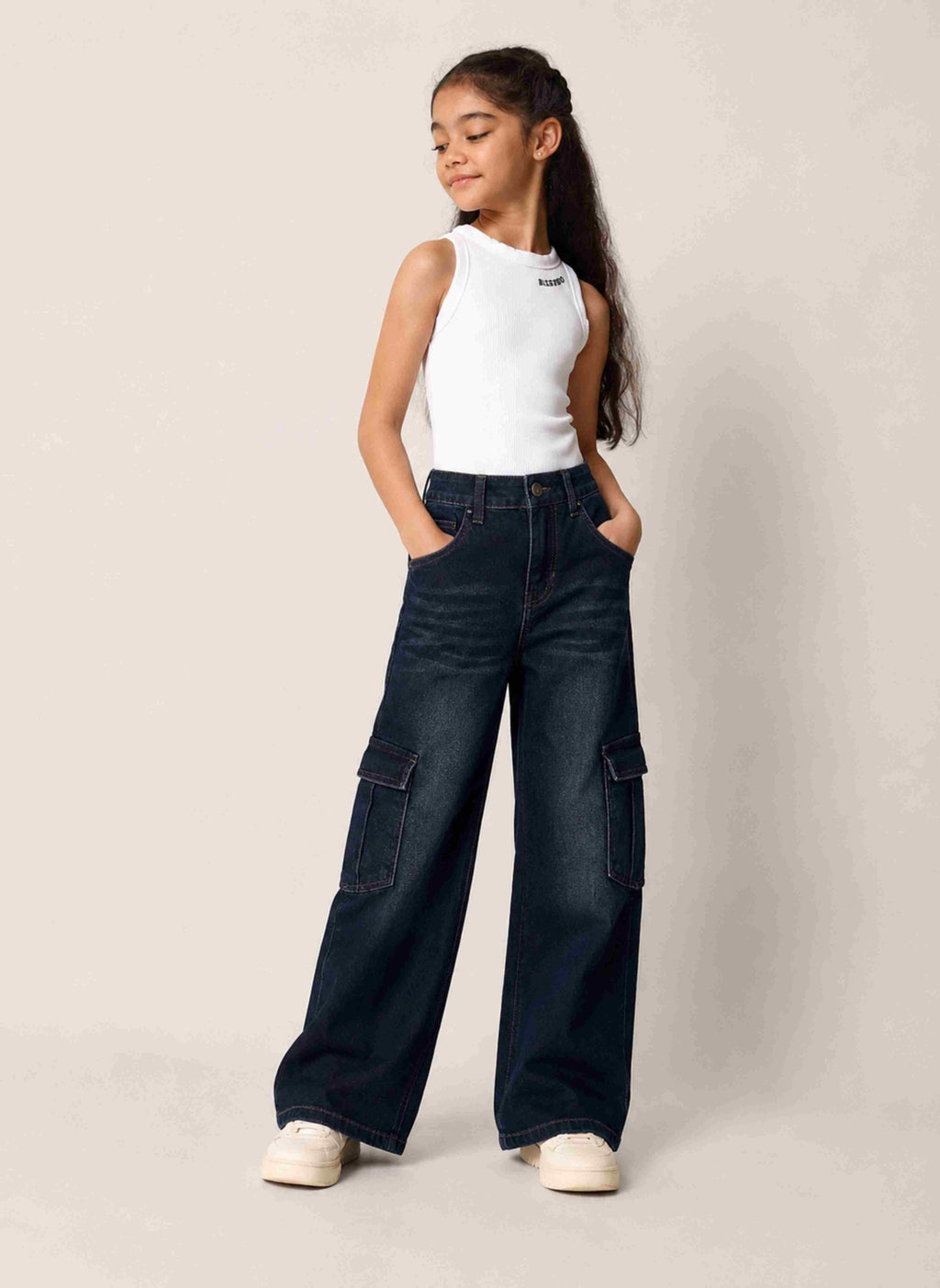 CoCo Street midnight blue cargo jeans, front view
