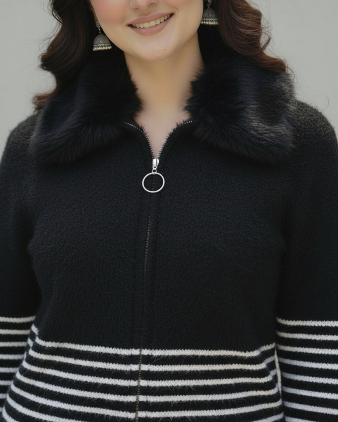 Midnight Luxe Fur-Collar Knit Zip-Up