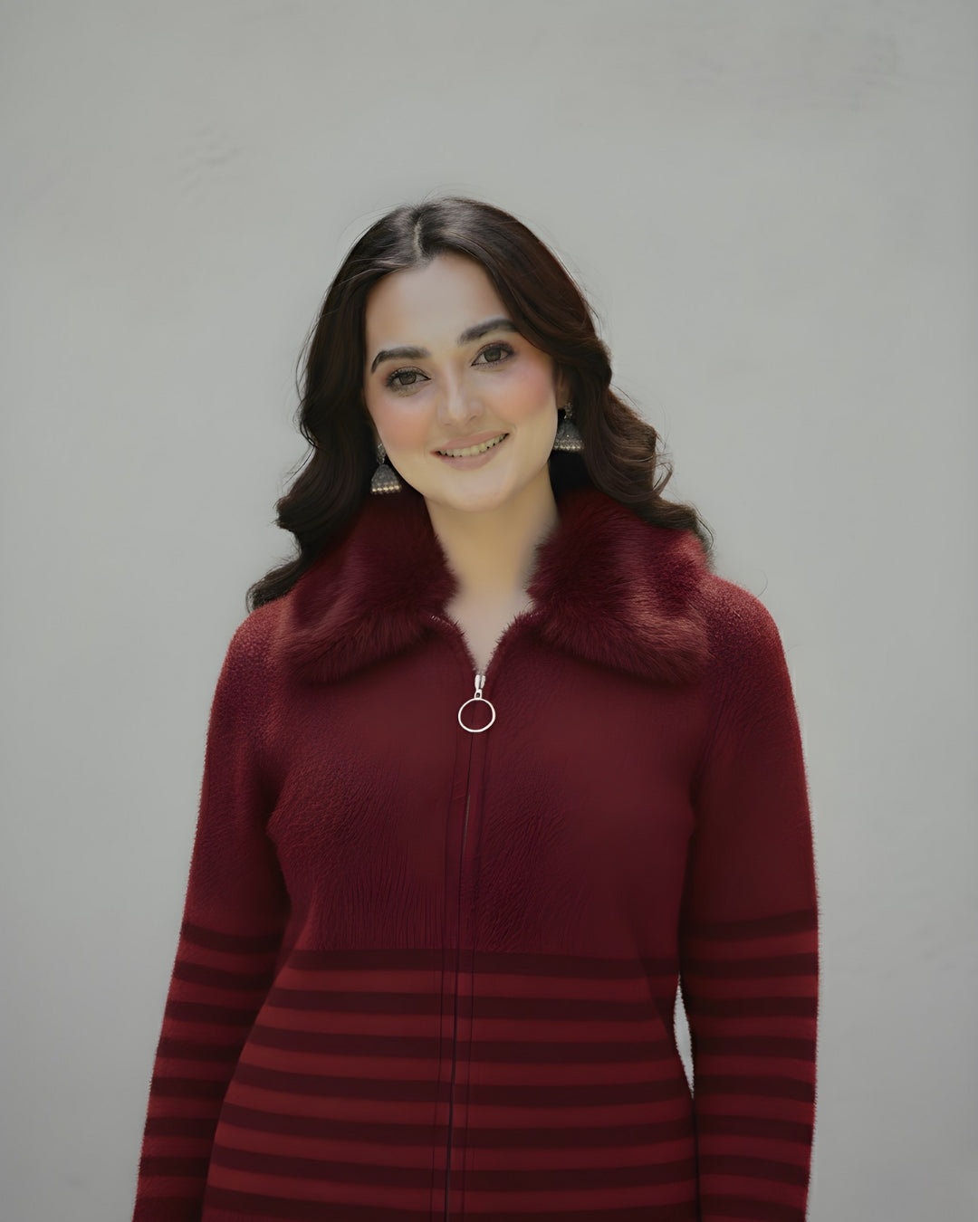 Crimson Luxe Fur-Collar Knit Zip-Up
