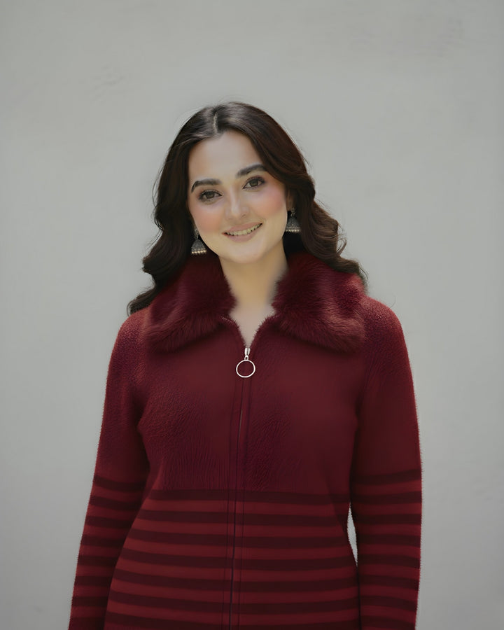 Crimson Luxe Fur-Collar Knit Zip-Up