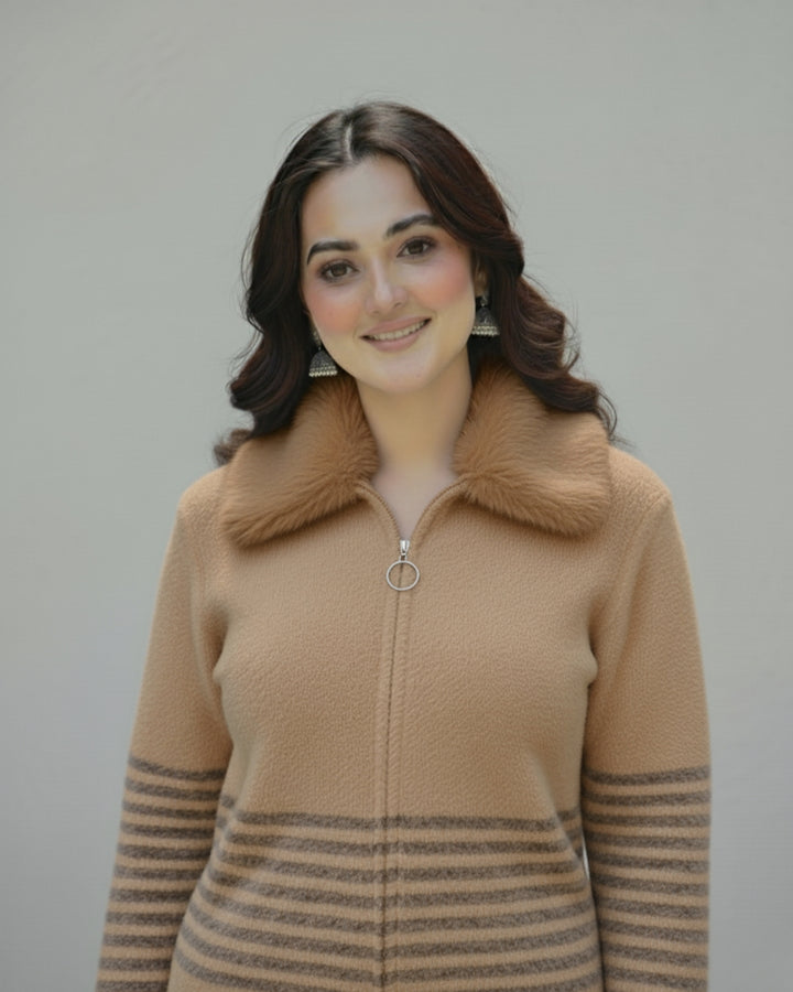 Camel Beige Fur-Collar Knit Zip-Up