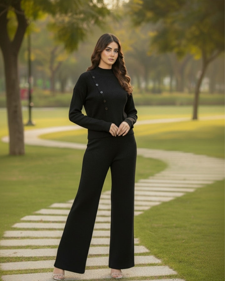 Elara - Essence Black Button Detail Cardigan Set