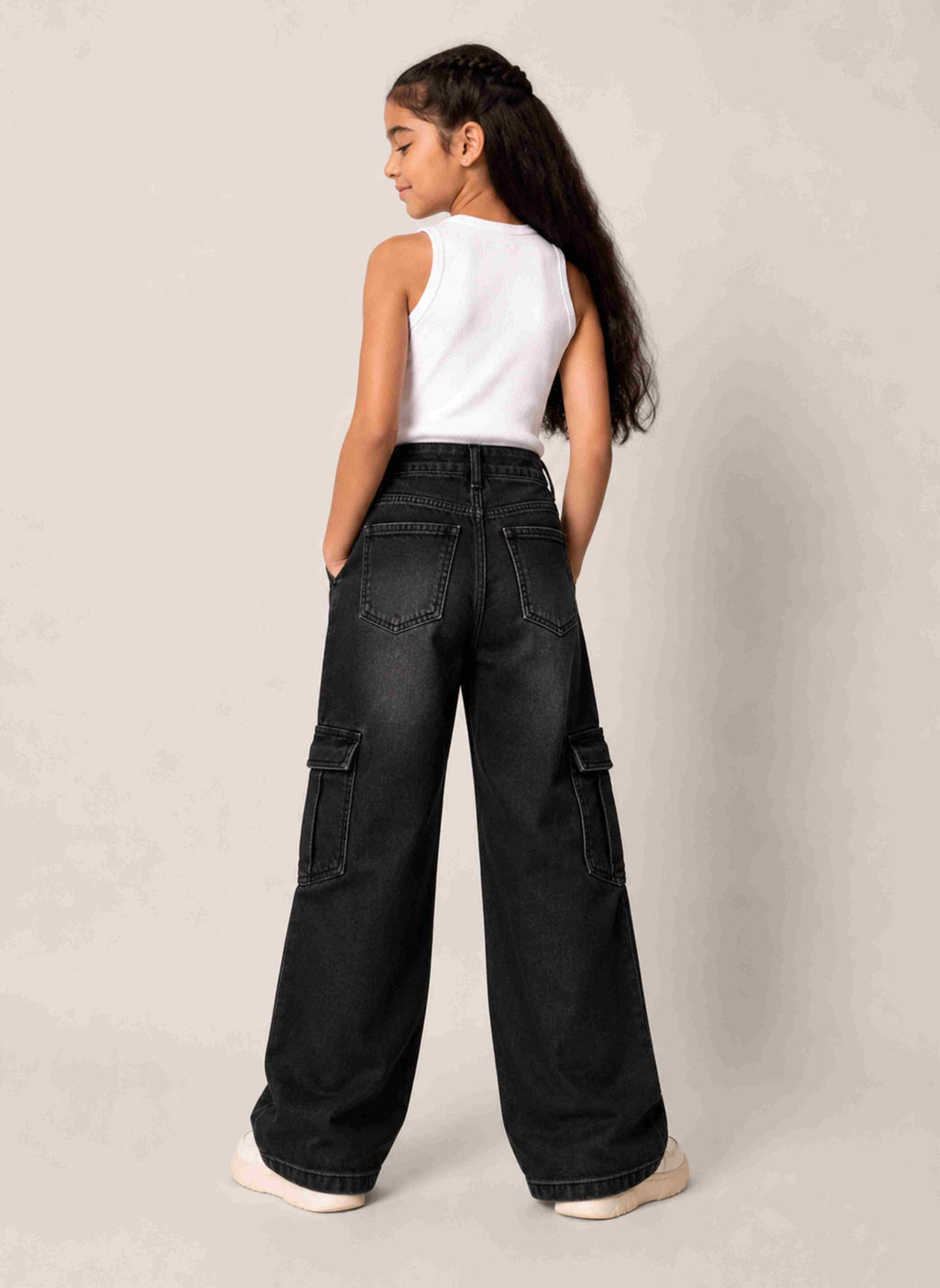 CoCo Street midnight black cargo jeans, full outfit view