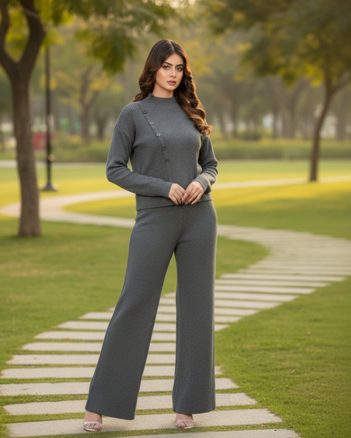 Elara - Cool Grey Button Detail Cardigan Set