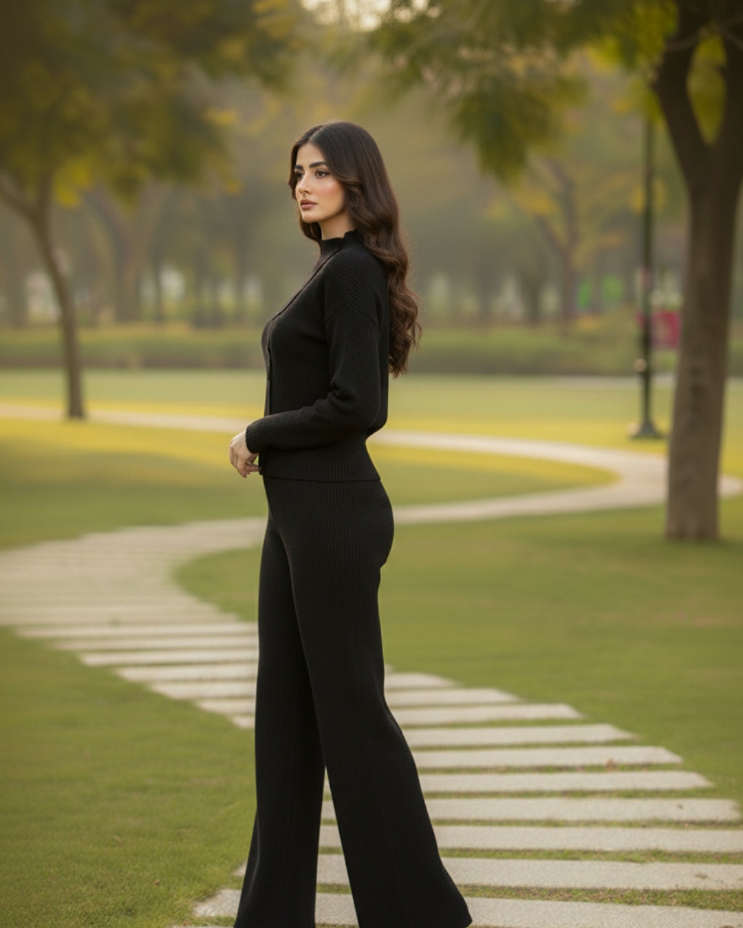 Elara - Essence Black Button Detail Cardigan Set