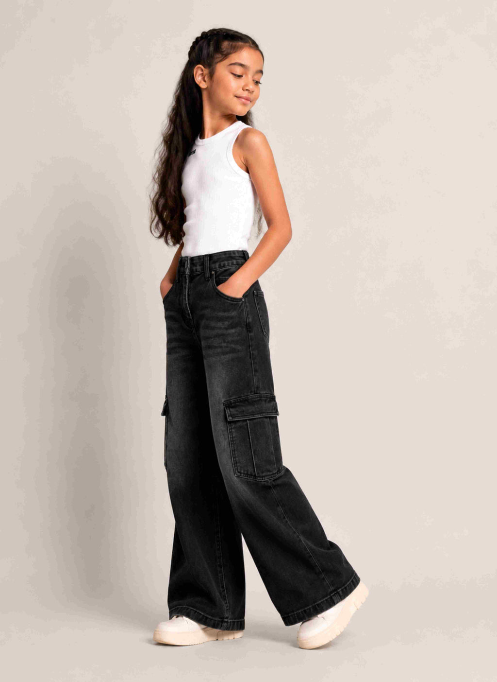 CoCo Street midnight black cargo jeans, front view