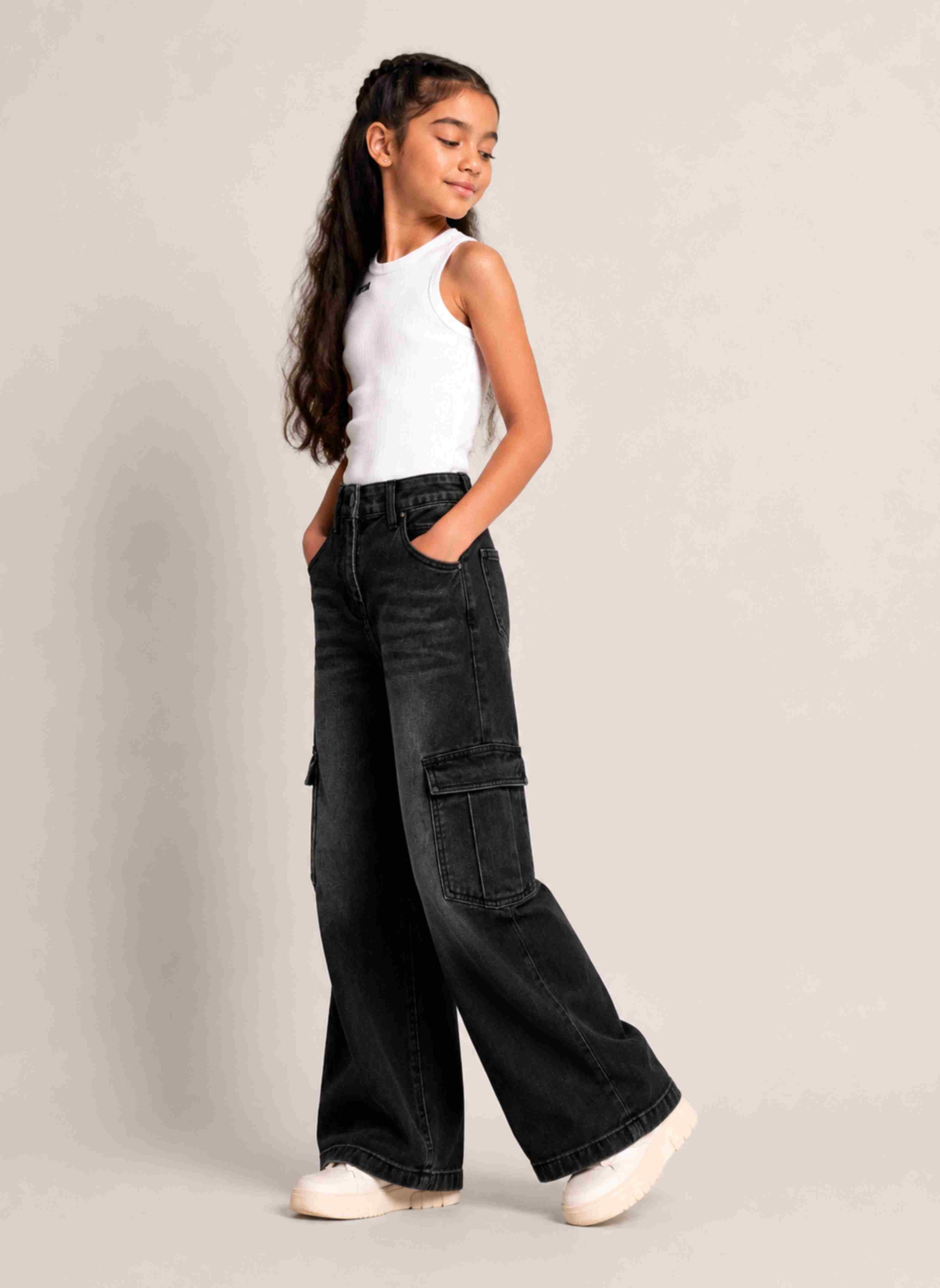 CoCo Street midnight black cargo jeans, front view