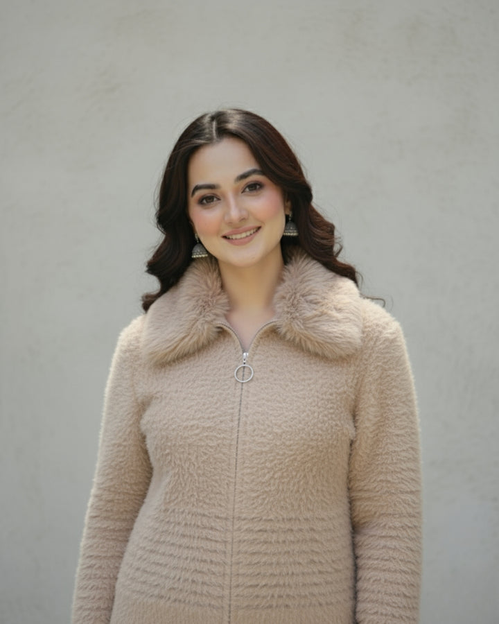 SandStone Fur-Collar Knit Zip-Up