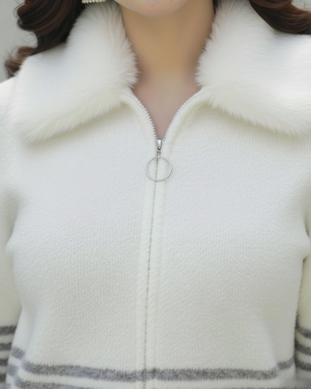 Winter White Fur-Collar Knit Zip-Up