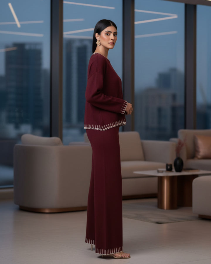 Elaris - Maroon Muse Contrast Knit Co-ord Set