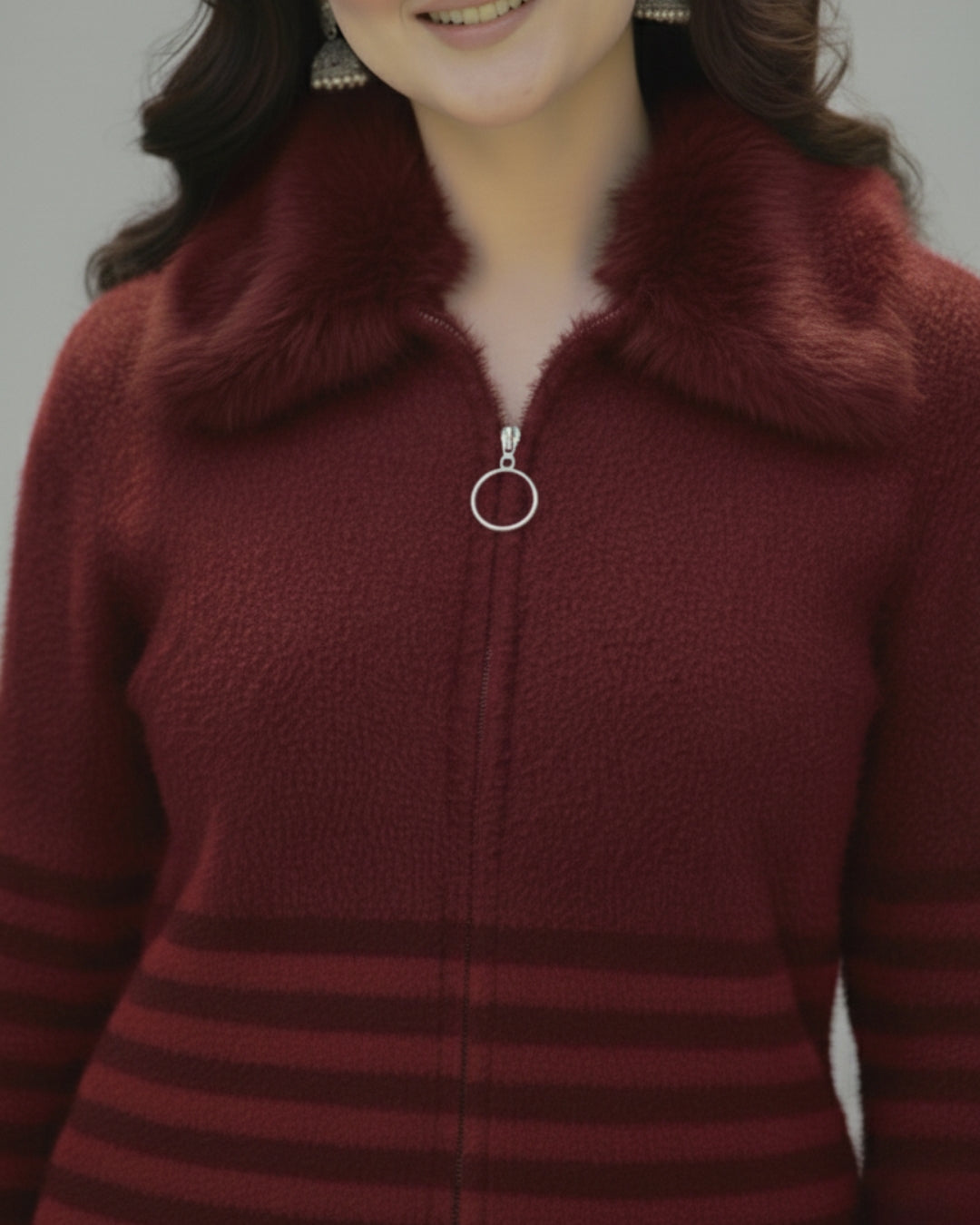 Crimson Luxe Fur-Collar Knit Zip-Up