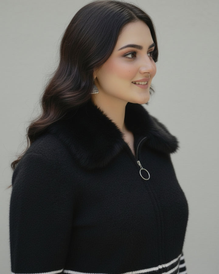 Midnight Luxe Fur-Collar Knit Zip-Up