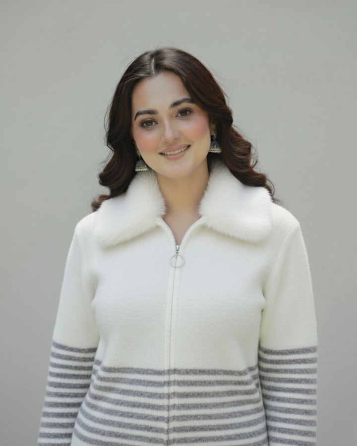Winter White Fur-Collar Knit Zip-Up