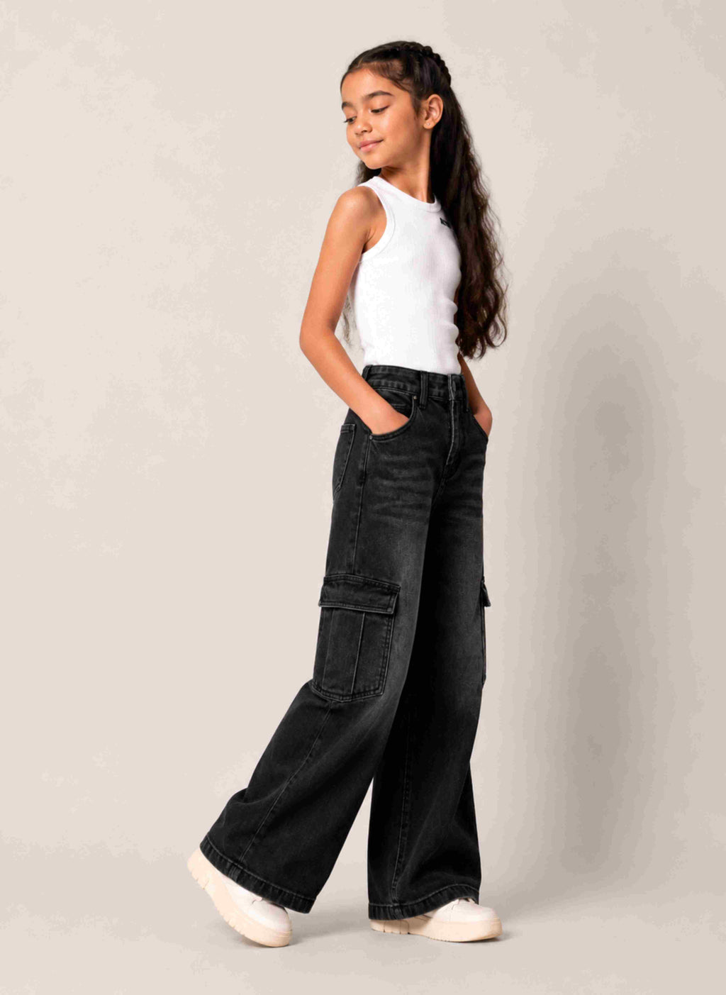 CoCo Street midnight black knitted denim cargo jeans with cargo pockets