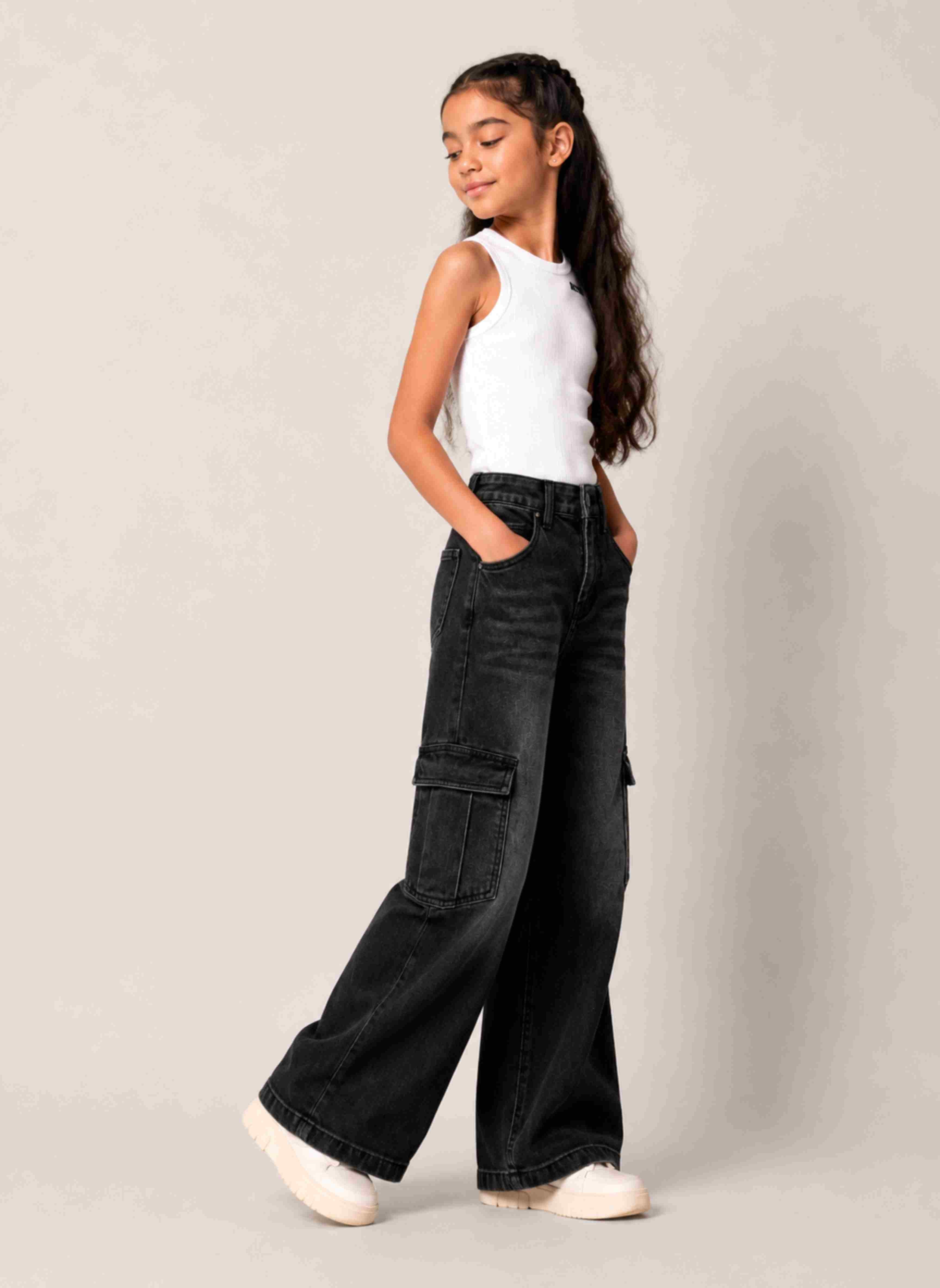 CoCo Street midnight black knitted denim cargo jeans with cargo pockets