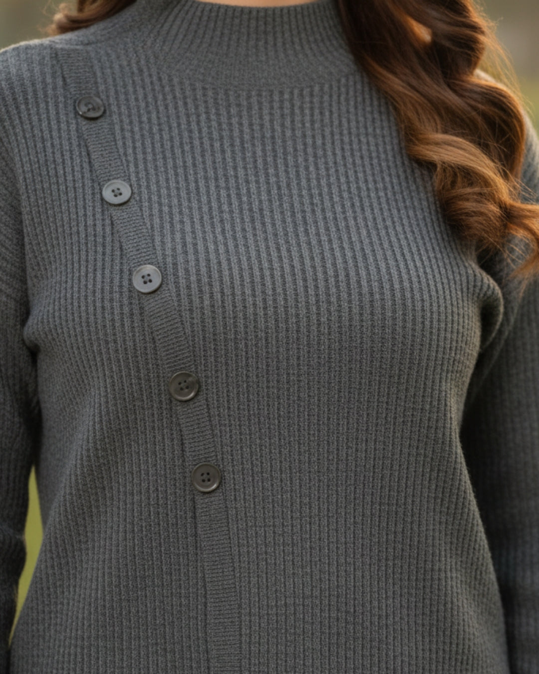 Elara - Cool Grey Button Detail Cardigan Set