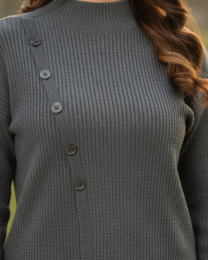 Elara - Cool Grey Button Detail Cardigan Set