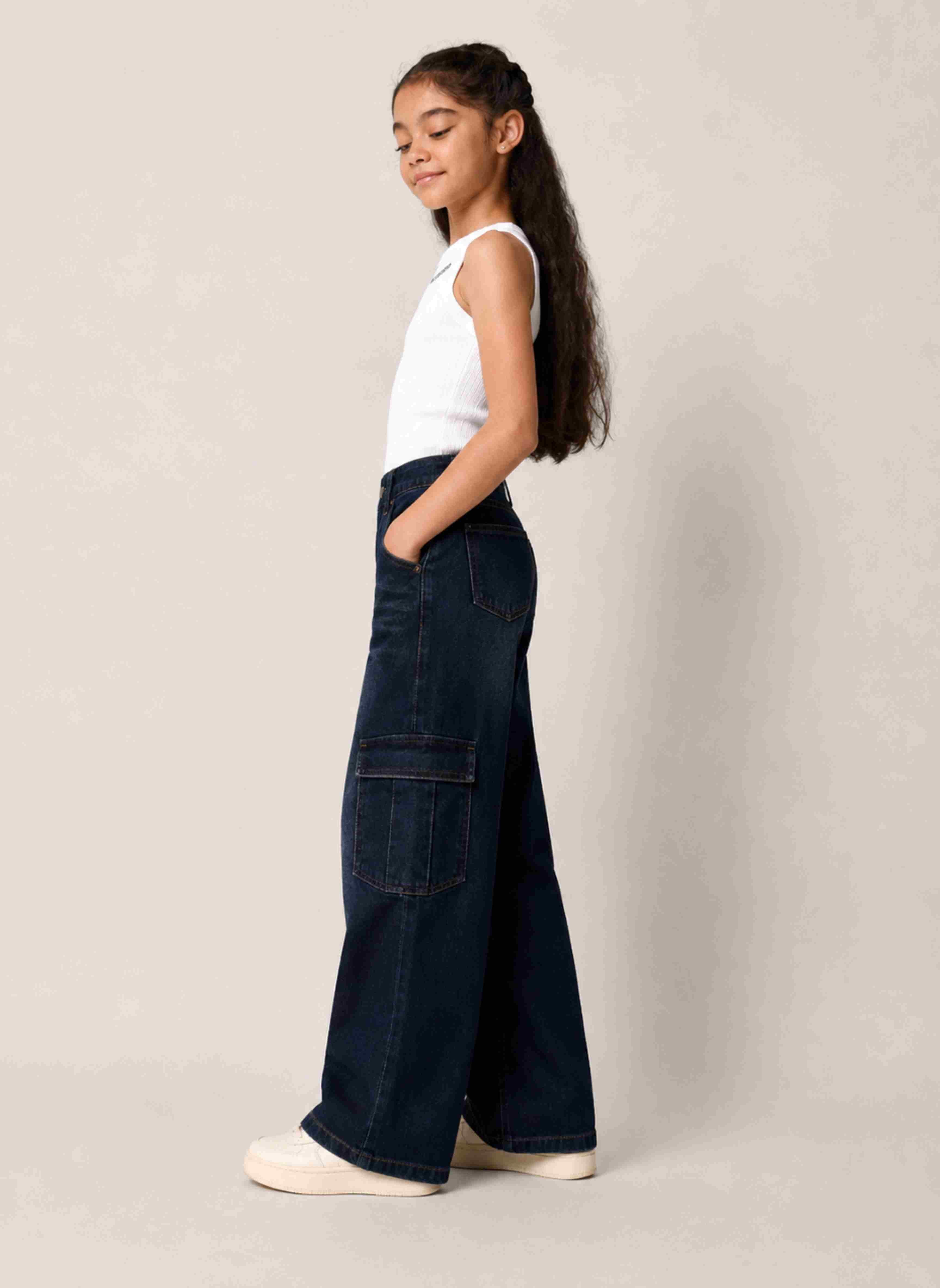 CoCo Street midnight blue cargo jeans, full outfit view