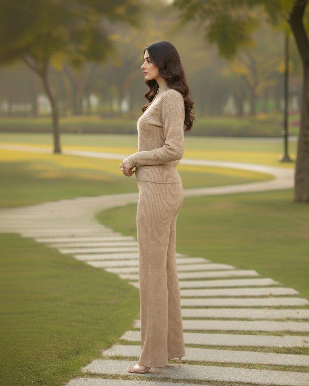 Elara - Light Beige Button Detail Cardigan Set
