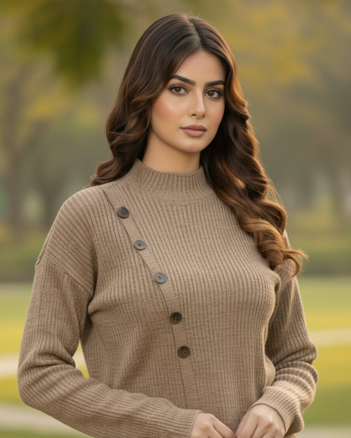 Elara - Neutral Beige Button Detail Cardigan Set