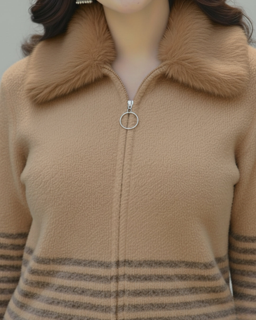 Camel Beige Fur-Collar Knit Zip-Up