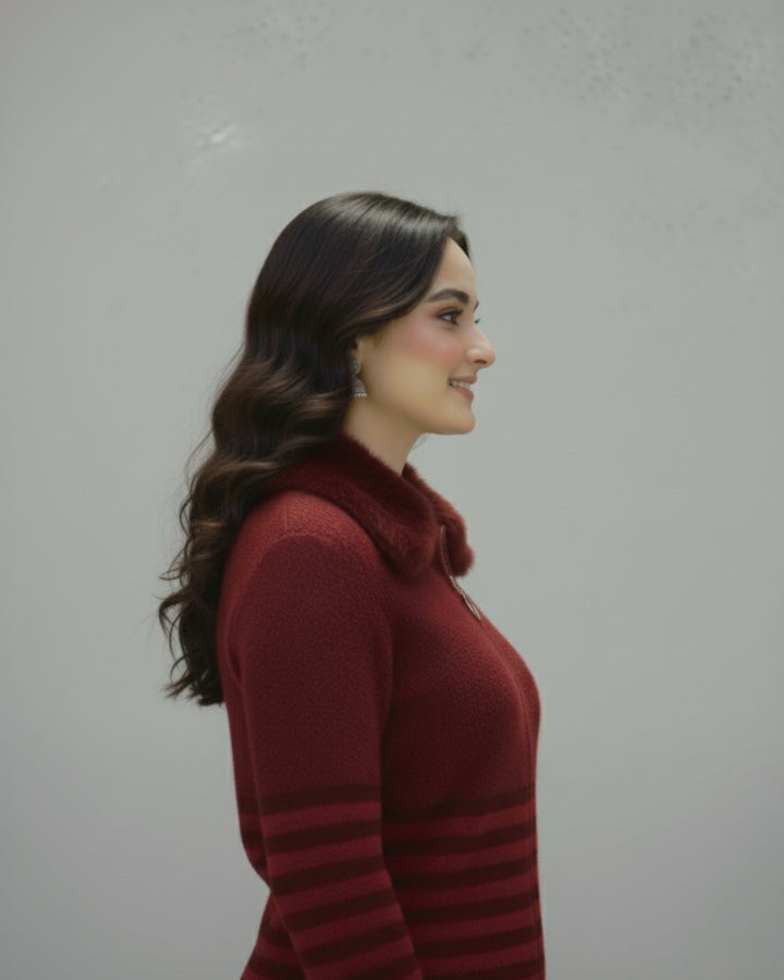 Crimson Luxe Fur-Collar Knit Zip-Up