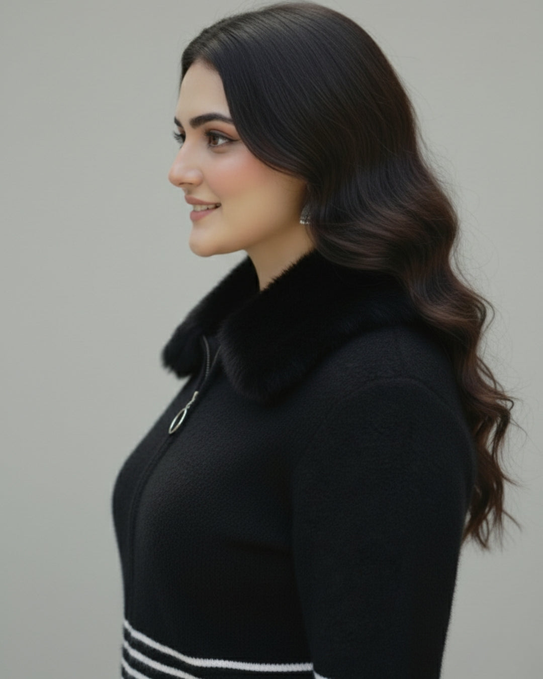 Midnight Luxe Fur-Collar Knit Zip-Up