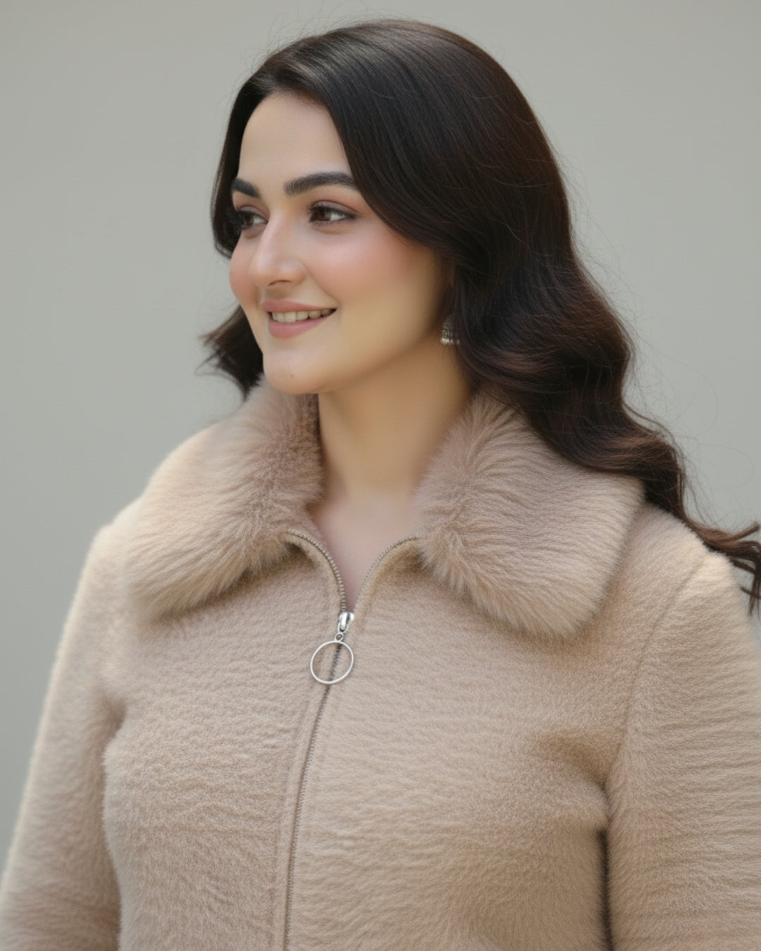 SandStone Fur-Collar Knit Zip-Up