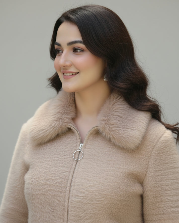 SandStone Fur-Collar Knit Zip-Up