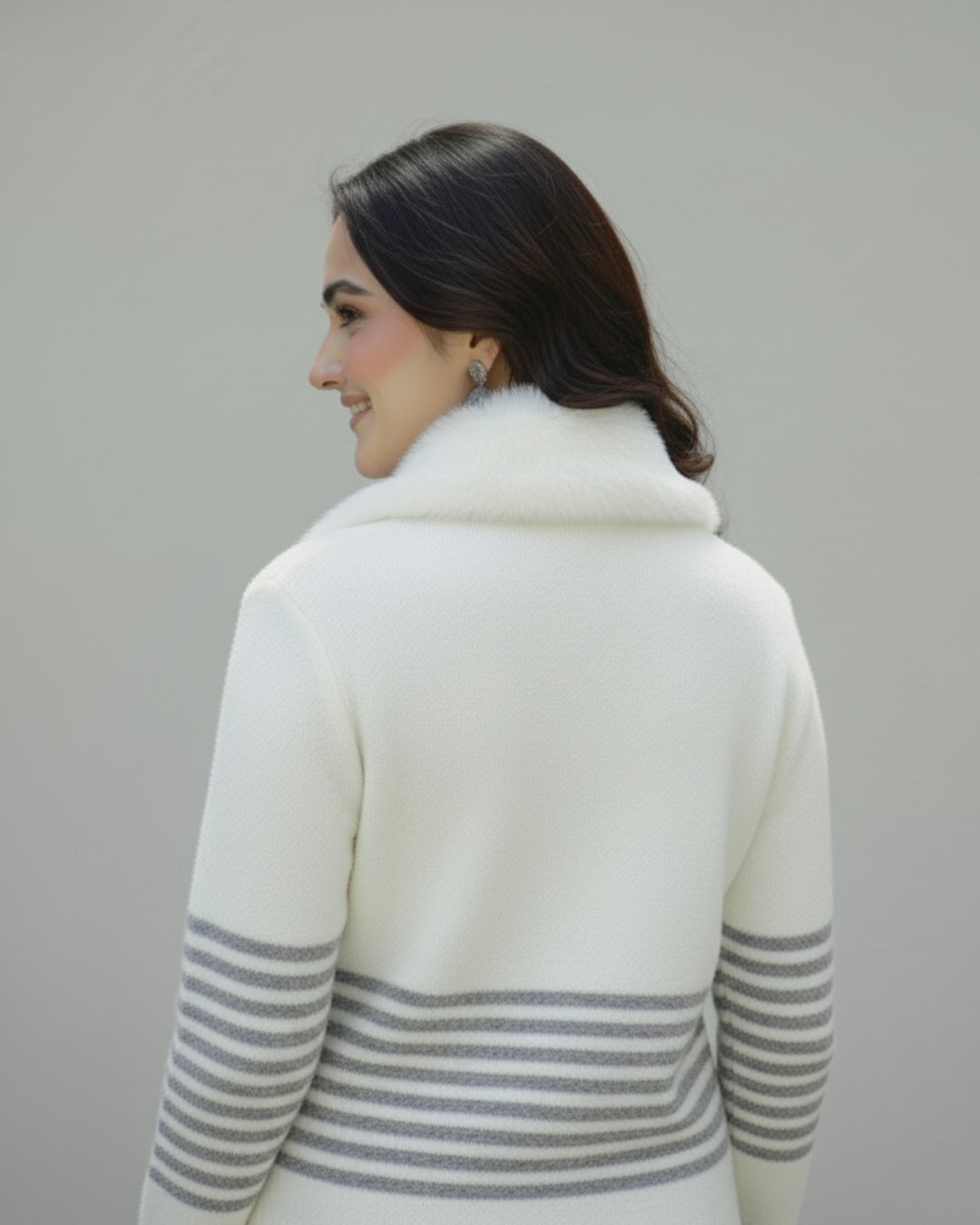 Winter White Fur-Collar Knit Zip-Up