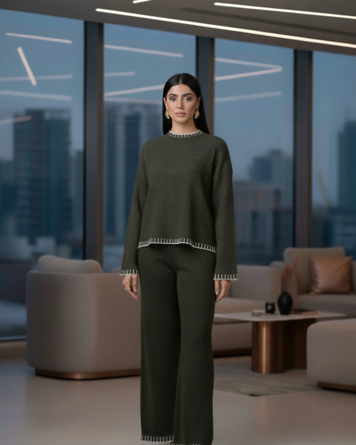 Elaris - Olive Contrast Knit Co-ord Set