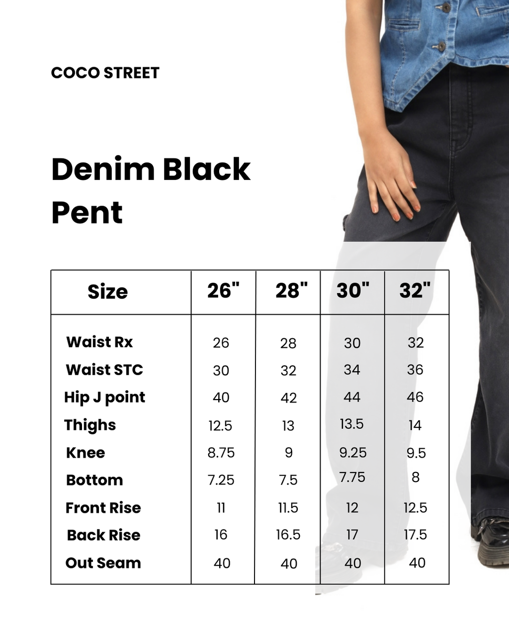 CoCo Street women's pants size chart, waist sizes 26 to 32